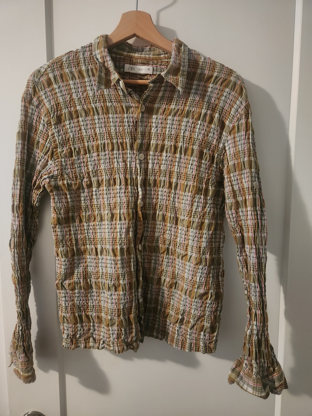 Zara Women Olive Plaid Textured Button-Up Shirt